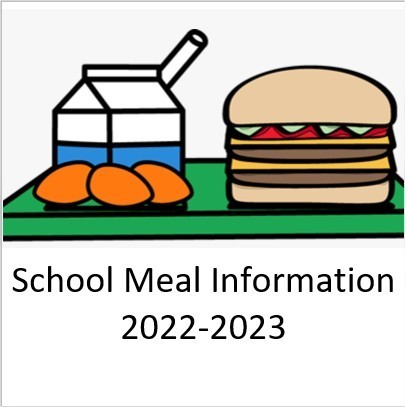line drawing of lunch on a tray. Text is School Meal Information 2022-2023